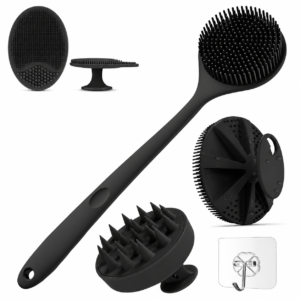 5-in-1 Silicone Body Scrubber Set | BPA-Free Shower Brush with Transparent Wall Hooks (Matte Black)