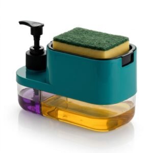 2-in-1 Dual Chamber Kitchen Soap Dispenser with Sponge Holder | One-Hand Press Dish Soap Dispenser & Hand Soap Pump with Drain Tray & Sponge